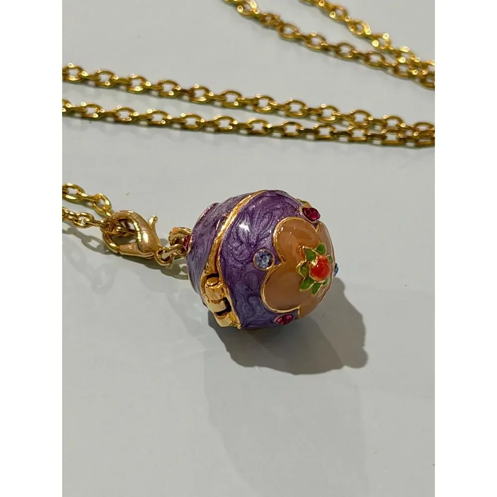 Vintage Joan Rivers Faberge Style Egg Locket Necklace • Purple Enamel • Gold Pl